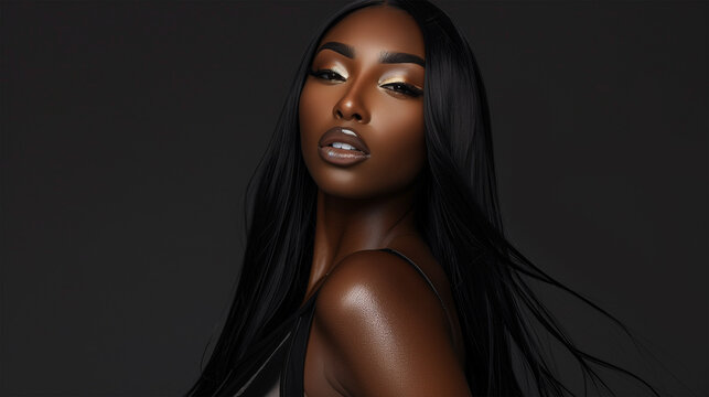 Woman with straight black hair on dark background